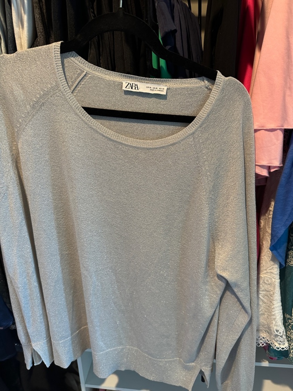 ZARA Silver Shimmer Long Sleeve Knit Top